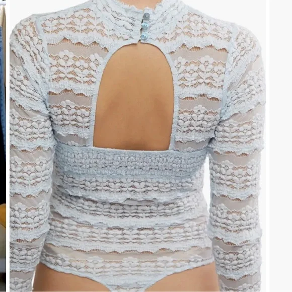 Free People Angelina Floral Lace Detail Bodysuit Size:S Color: Light Blue NWOT - Picture 3 of 7